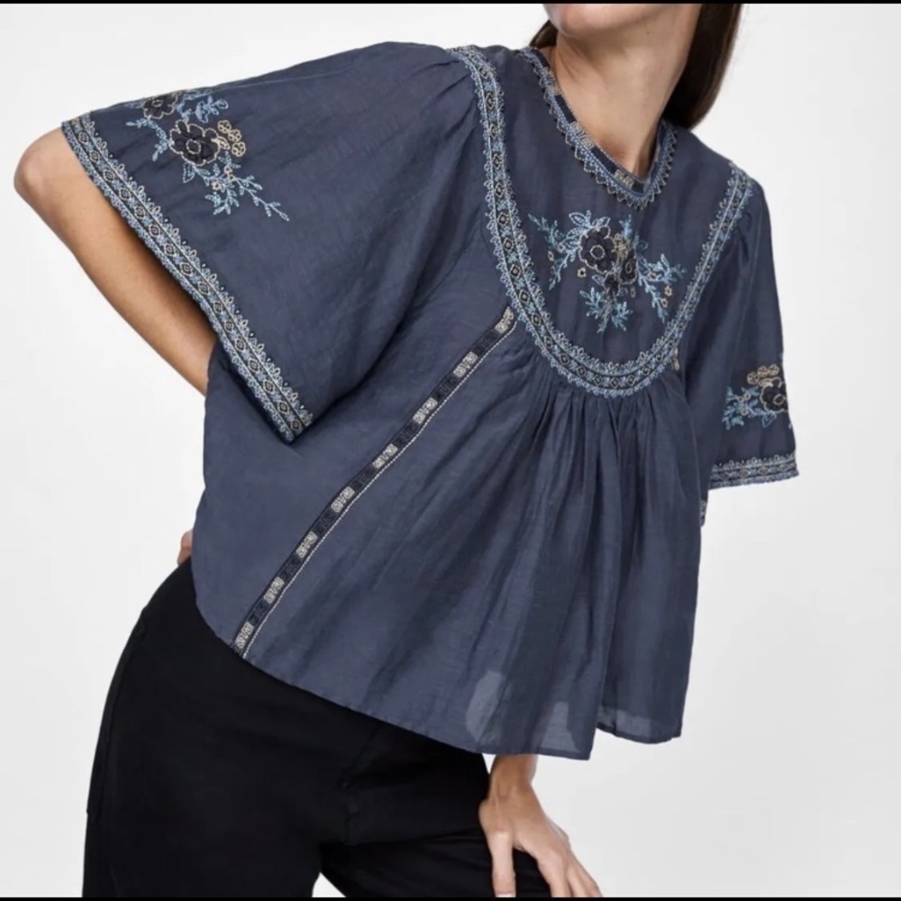 Zara Denim Peasant Embroidered Floral Linen Blend Top Blouse Size‎ Xs